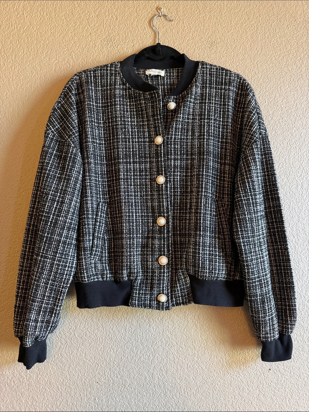 Meraki Black & White Tweed Bomber Jacket with Pearl Buttons
